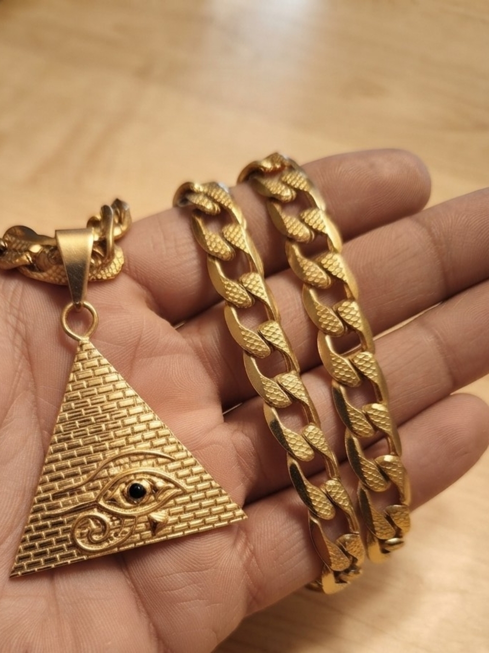 Gold Plated Stainless Steel Pyramid Eye Pendant Chain Necklace